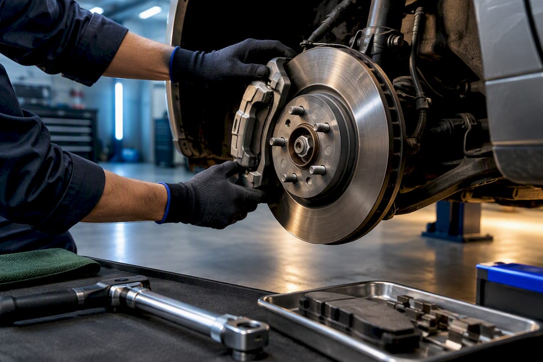 Mechanic inspecting brake components in repair bay
