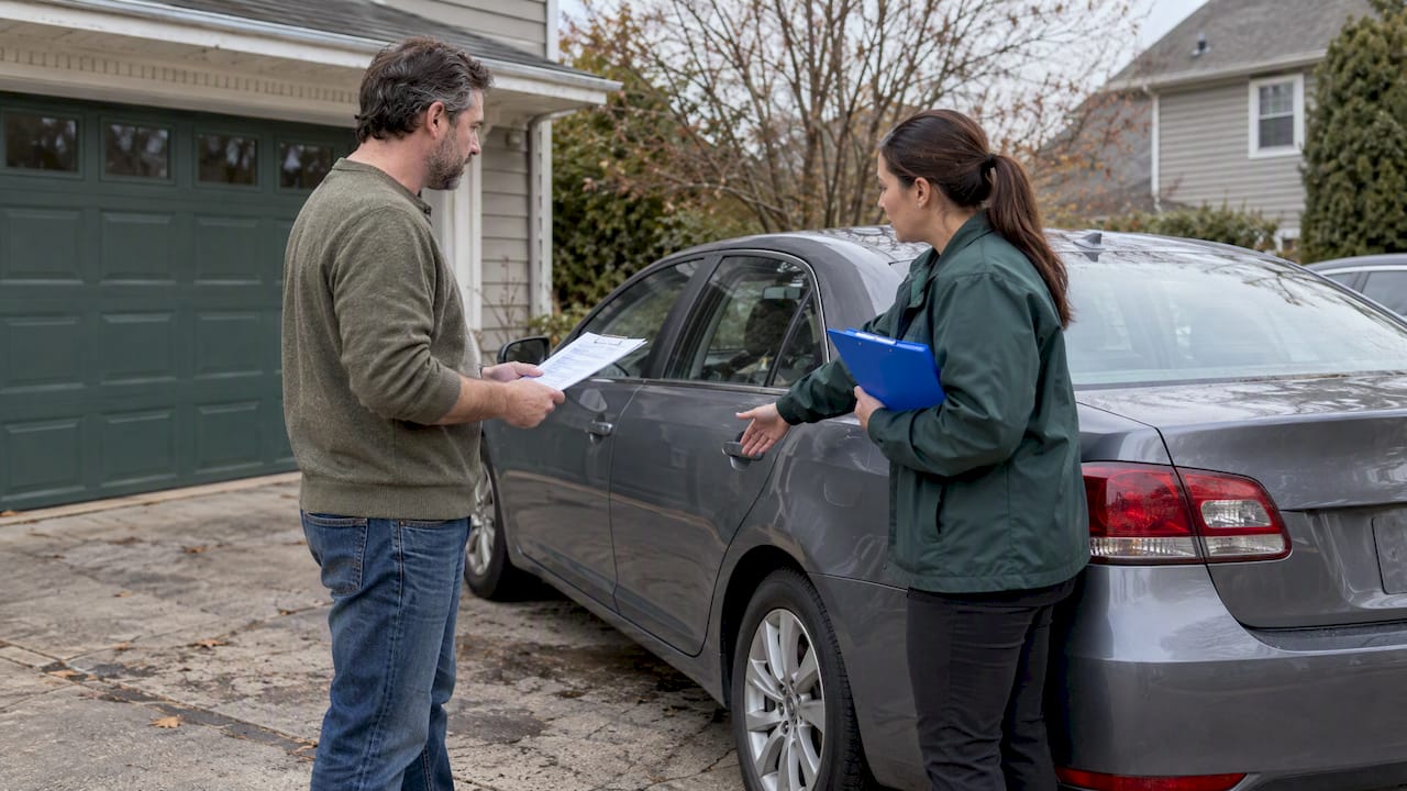 Driver reviewing claim deductible beside car