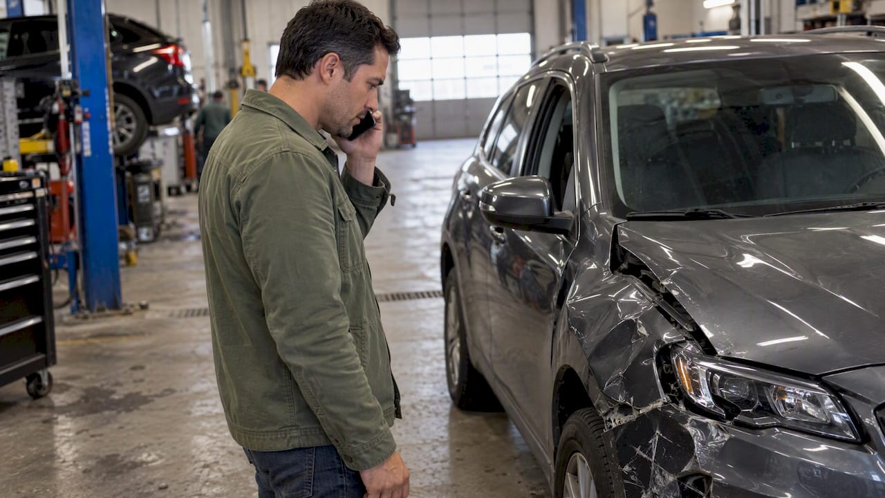 Driver reporting a claim beside damaged car