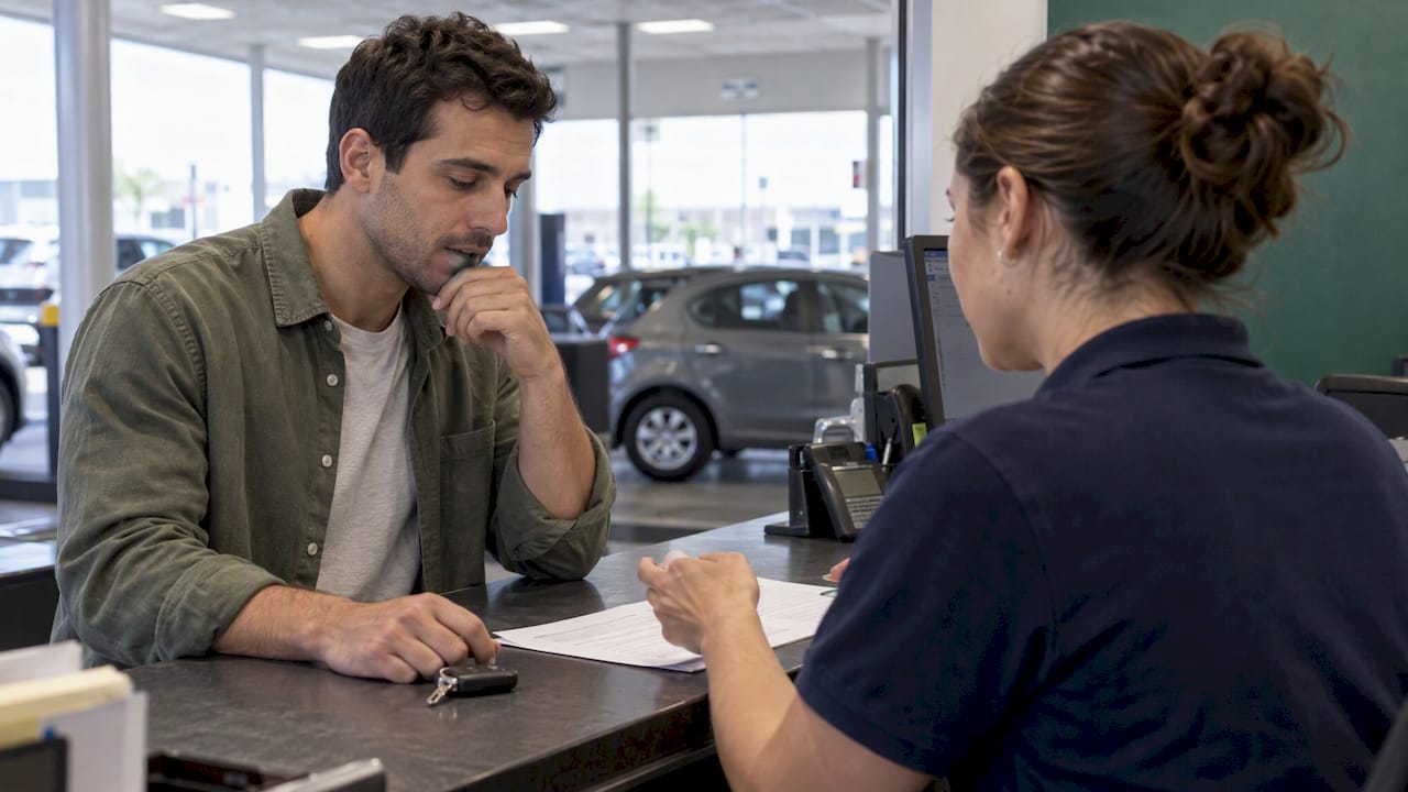 Renter reviewing optional coverage at rental counter