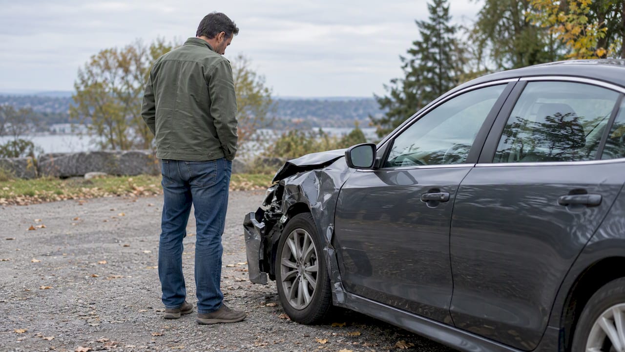 Driver inspecting a damaged car after a crash