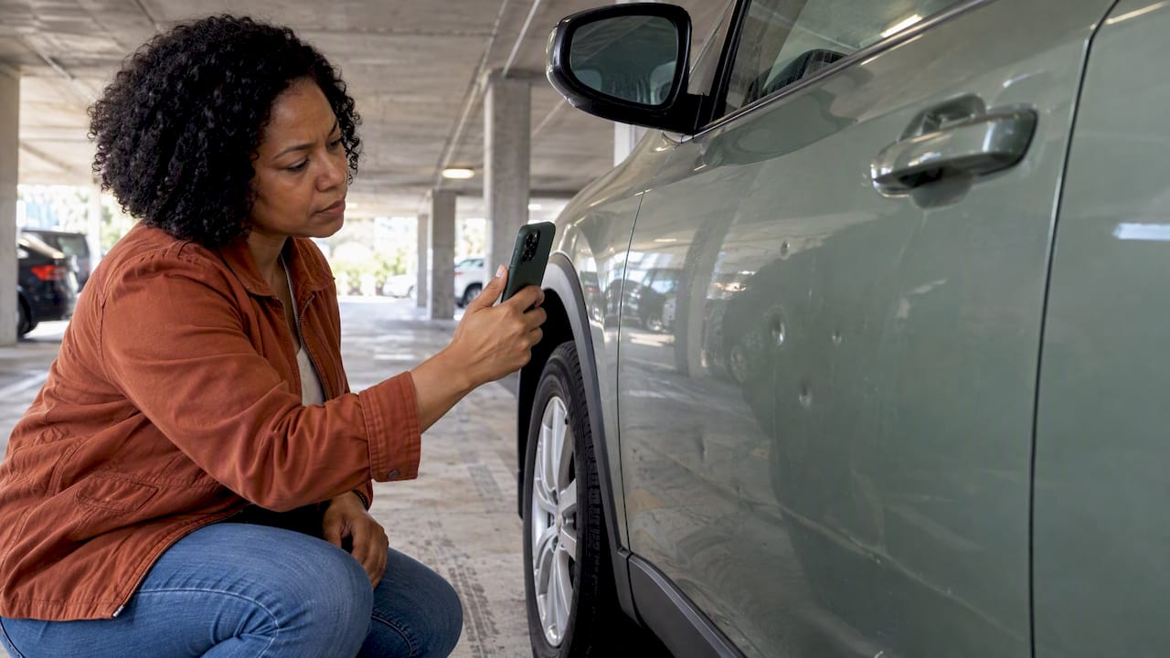 Driver photographing hail damage on her car